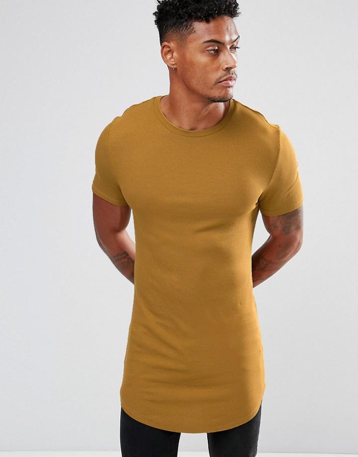 Asos Super Longline Muscle Rib T-shirt With Curved Hem In Tan - Tan