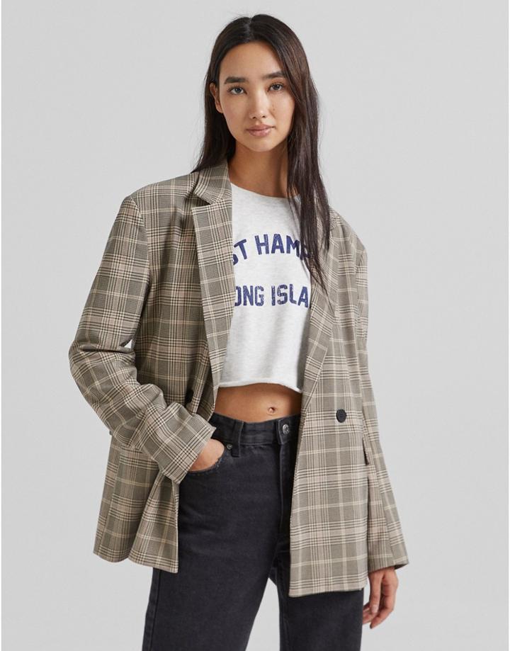 Bershka Oversized Blazer In Gray Check-grey