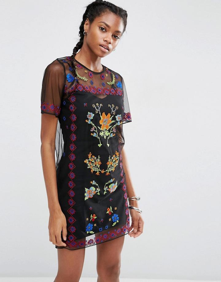 Asos Mesh T-shirt Dress With Embroidery - Black