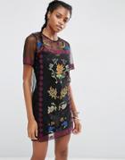 Asos Mesh T-shirt Dress With Embroidery - Black