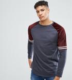 Asos Tall Longline Long Sleeve Raglan T-shirt With Curved Hem And Velour Sleeves - Gray
