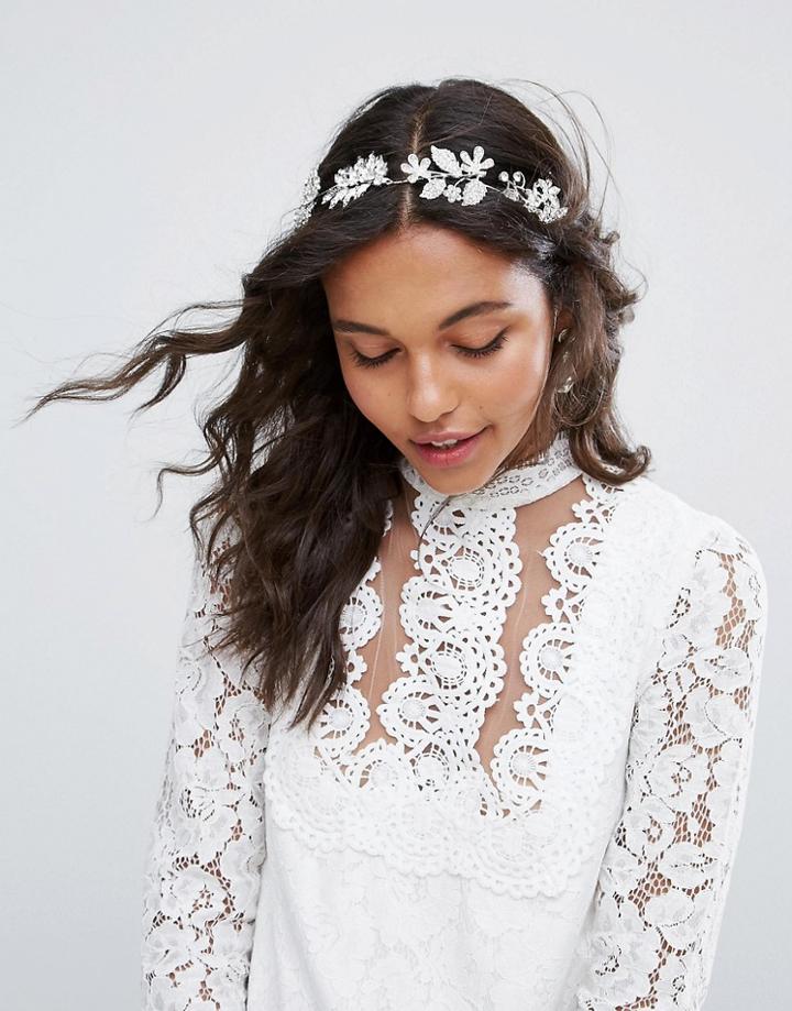 Asos Bridal Metal Flower Ribbon Hair Crown - Silver