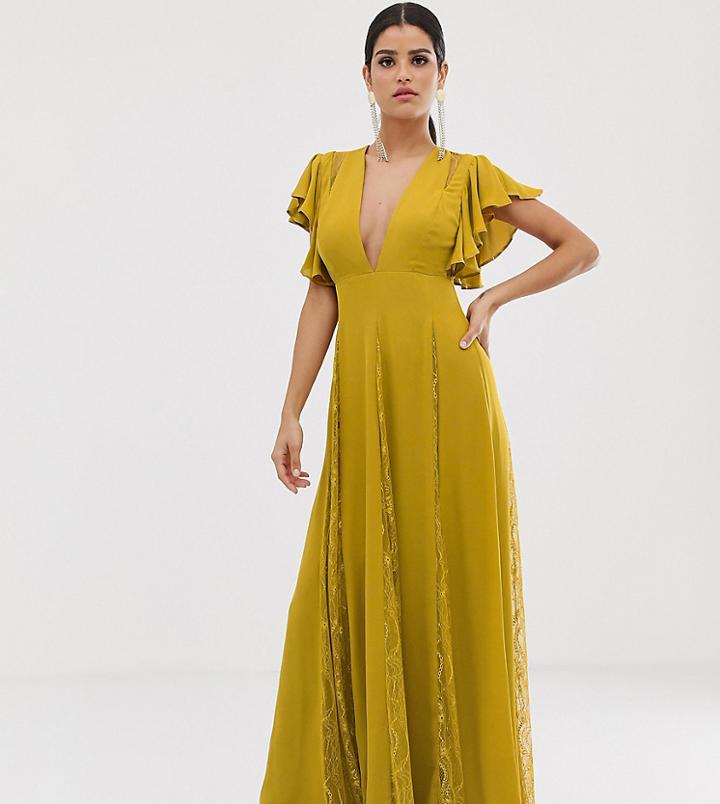 Asos Design Tall Maxi Dress With Godet Lace Inserts-green