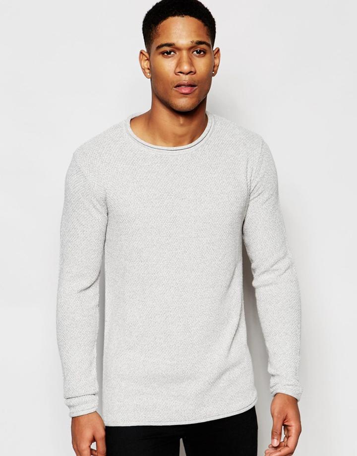 Solid Knitted Waffle Sweater - Gray