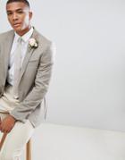 Asos Design Wedding Skinny Blazer In Wool Mix Putty Check - Stone