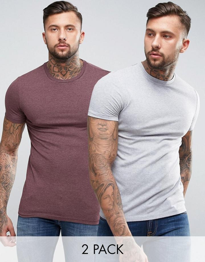 Asos 2 Pack Muscle Fit T-shirt In Red Marl/gray Marl With Crew Neck Save - Multi