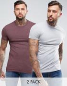 Asos 2 Pack Muscle Fit T-shirt In Red Marl/gray Marl With Crew Neck Save - Multi