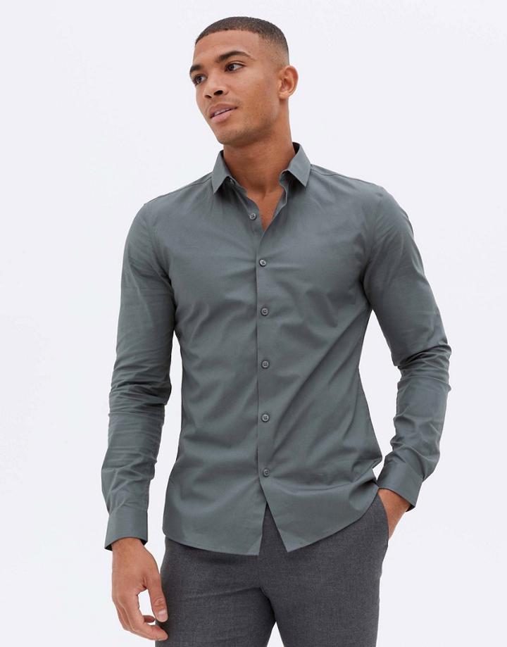 New Look Muscle Fit Poplin Shirt In Gray