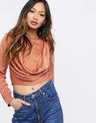 Asos Design Long Sleeve Satin Drape Front Top In Rust-orange