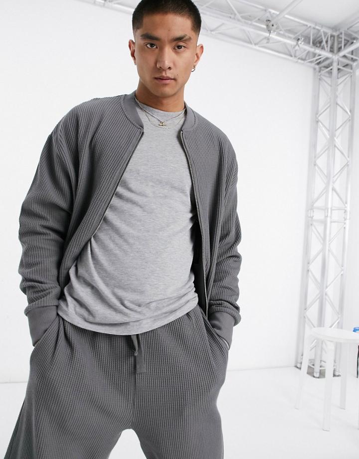 Reclaimed Vintage Inspired Waffle Zip Up Sweatshirt In Charcoal-grey
