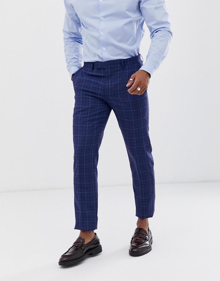 Harry Brown Slim Fit Bright Blue Over Check Suit Pants - Blue