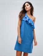 Warehouse Ruffle One Shoulder Dress - Blue