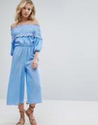 Asos Off Shoulder Jumpsuit With Shirring And Embroidery - Multi