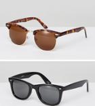 Asos 2 Pack Square & Retro Sunglasses In Black & Tort Save - Multi