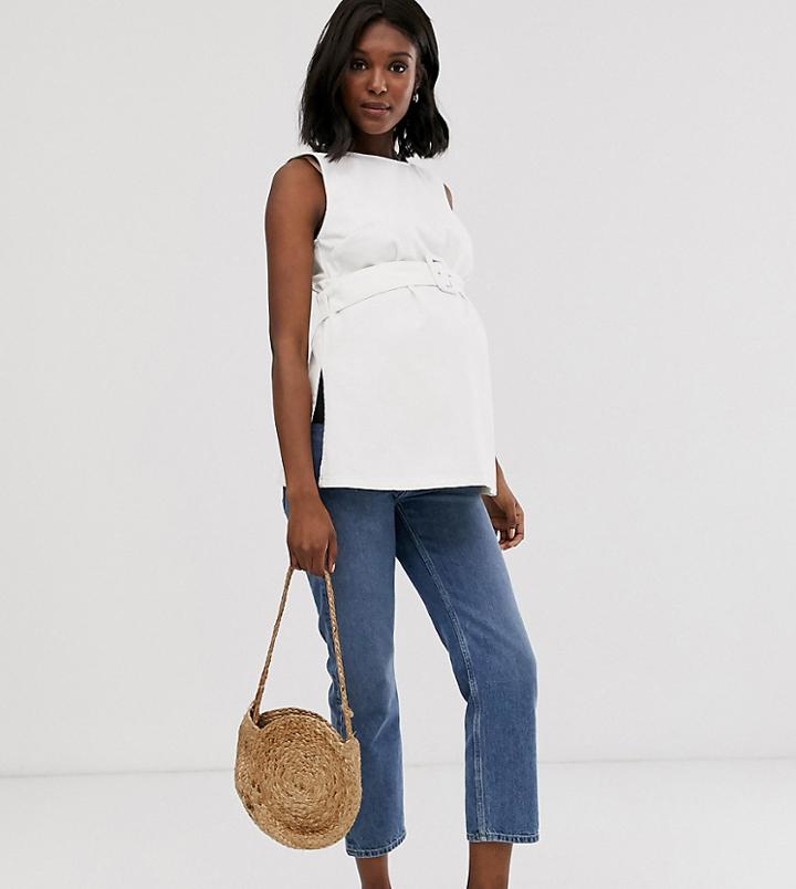 Asos Design Maternity Denim Longline Tank Top With Belt In White - White