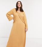 Verona Curve Maxi Dress With Long Sleeves And Cross-pleat Detail In Camel-neutral