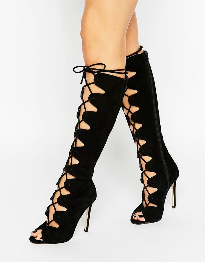 Aldo Lace Up High Leg Peep Toe Boots - Black Suede