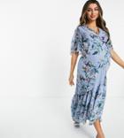 Hope & Ivy Maternity Contrast Lace Puff Sleeve Midi Dress In Powder Blue Floral-blues