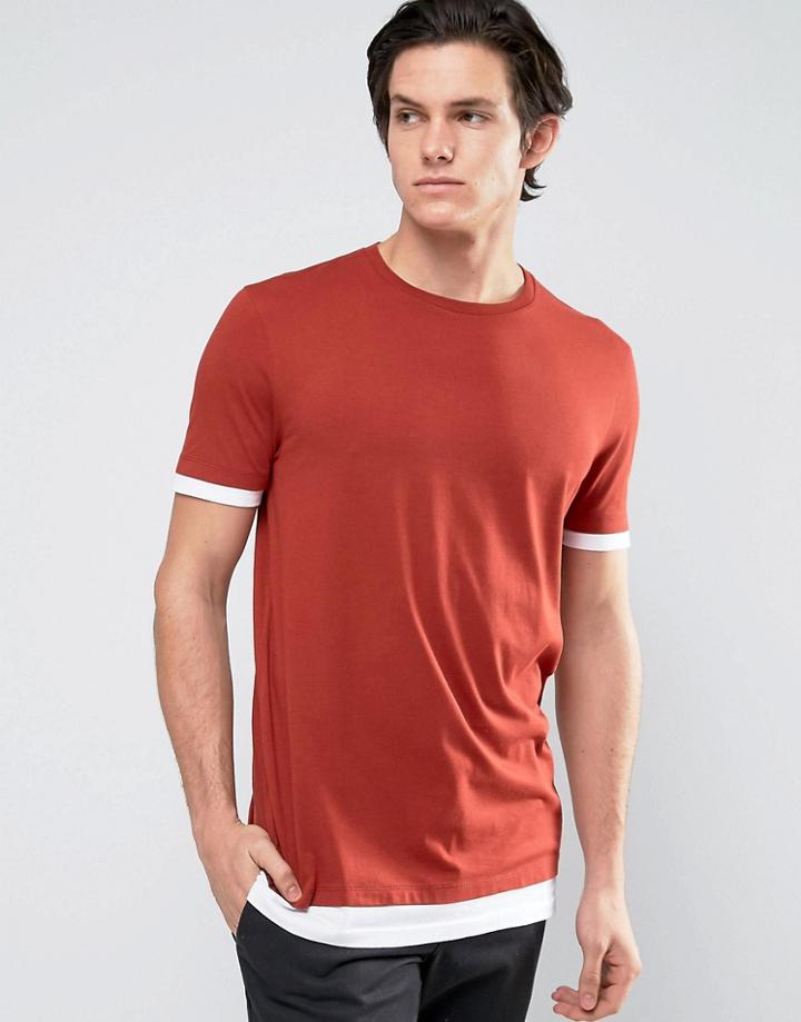 Asos Longline T-shirt With Contrast Cuff And Hem - Red
