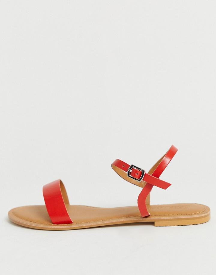 Asos Design Flume Leather Flat Sandals In Red - Red