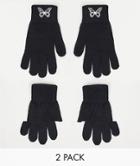 Asos Design 2 Pack Touch Screen Gloves In Recycled Polyester With Embroidery In Black
