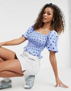 Brave Soul Toots Shirred Puff Sleeve Crop Top In Blue Polka Dot-blues