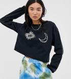 Reclaimed Vintage Inspired Cropped Long Sleeve T-shirt Sun And Moon Faces Print-black