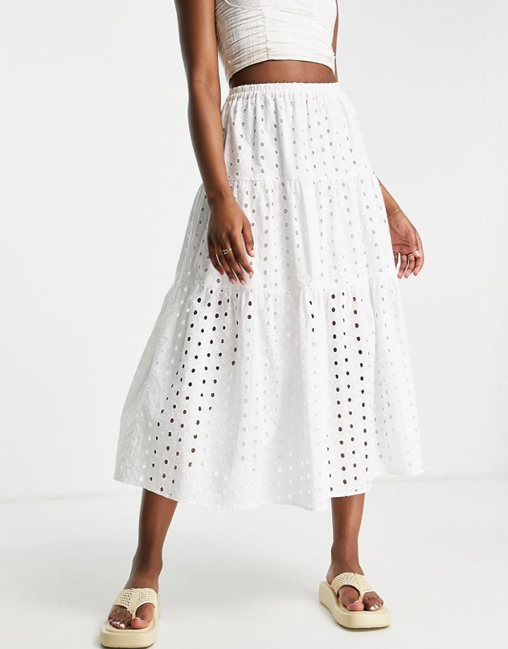 Asos Design Eyelet Tiered Midi Skirt In White