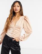 Forever U Silky Blouse With Ruched Detail In Champagne-white