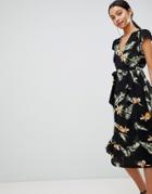 Ax Paris Leaf Print Belted Midi Dress - Black