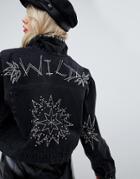Asos Design Denim Jacket In Washed Black With Studs And Embroidery - Black