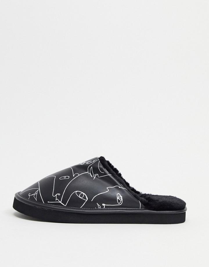 Monki Face Print Mule Slippers In Black
