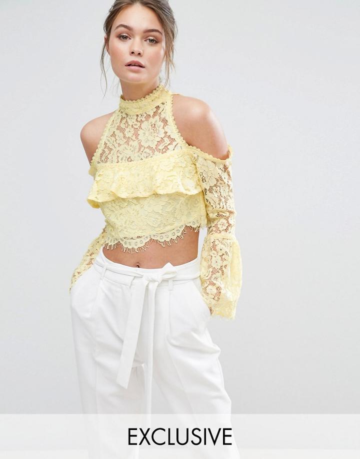 Dark Pink Lace Cold Shoulder Lace Blouse - Yellow