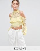 Dark Pink Lace Cold Shoulder Lace Blouse - Yellow