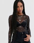 Daisy Street Shrunken Long Sleeve Top In Star Print Mesh - Black