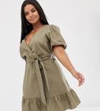 Asos Design Curve Wrap Mini Dress With Tie Front - Green