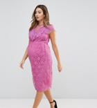 Asos Maternity Lace Midi Dress With Ruffle Trim - Pink