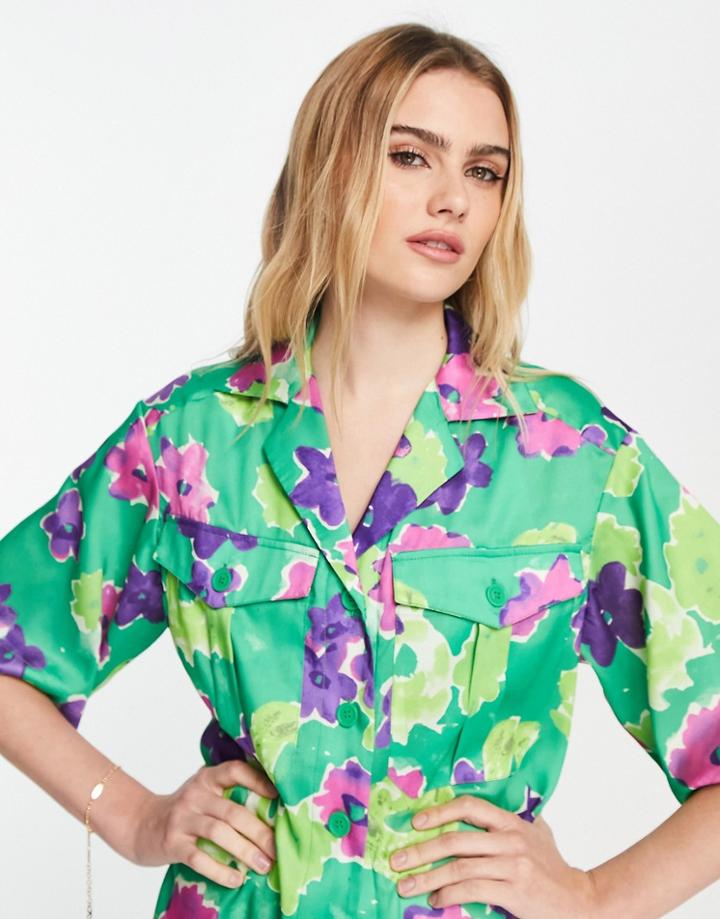 Topshop Ultimate Floral Resort Shirt In Green