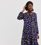 Glamorous Bloom Midi Dress With Neck Tie In Sunflower Print-navy
