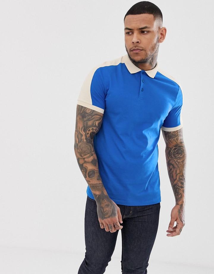 Asos Design Organic Polo Shirt With Contrast Shoulder Panel In Blue - Blue