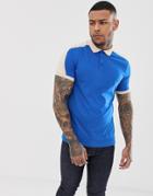 Asos Design Organic Polo Shirt With Contrast Shoulder Panel In Blue - Blue