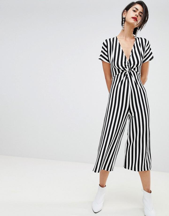Stradivarius Ribbed Stripe Print Twist Front Jumpsuit - Multi