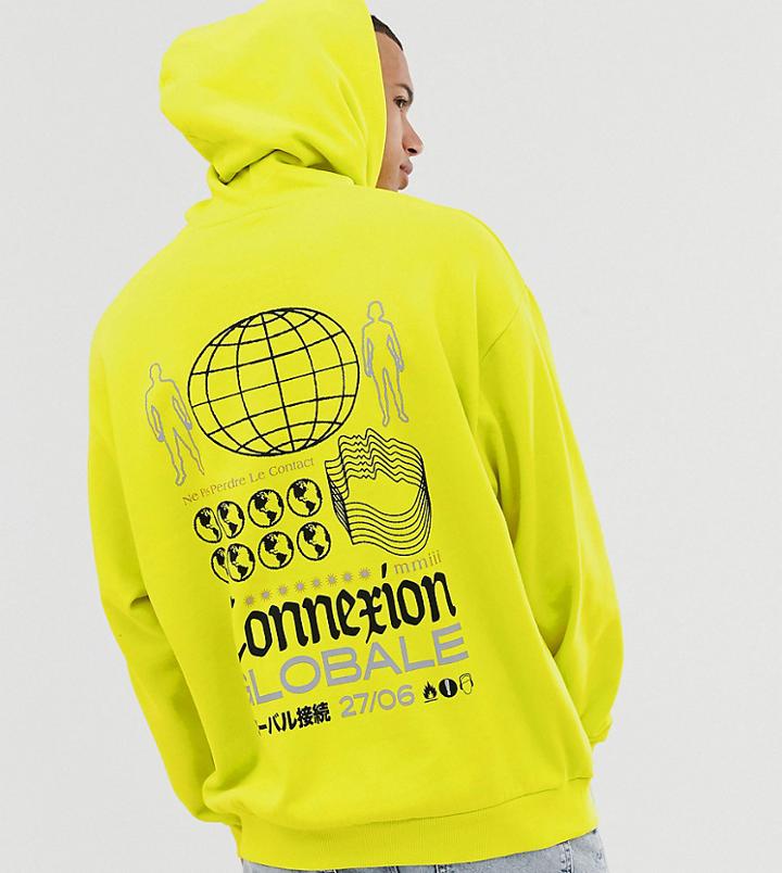 Asos Design Tall Oversized Hoodie In Bright Green With Global Back Print