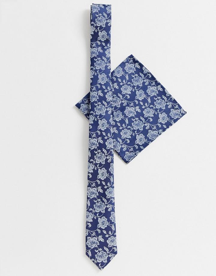 Asos Design Slim Tie & Pocket Square In Navy - Navy