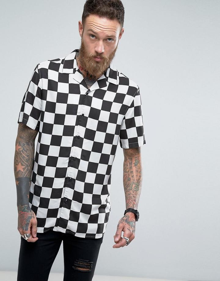 Asos Regular Fit Shirt With Revere Collar In Checkerboard Print - Black