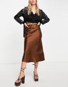 Asos Design Satin Bias Midi Skirt In Chocolate-brown