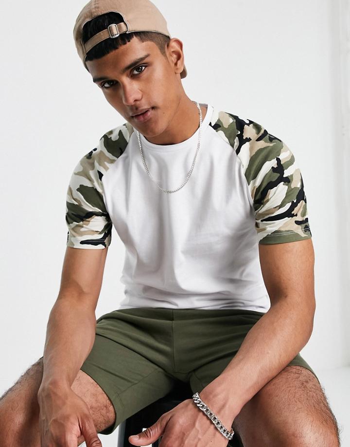 Jack & Jones Originals Longline Raglan T-shirt In White & Camo