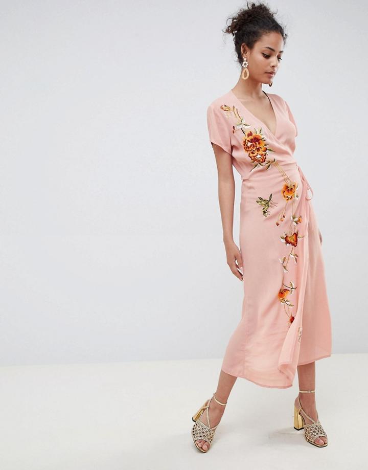 Miss Selfridge Embroidered Cap Sleeve Wrap Maxi Dress - Pink