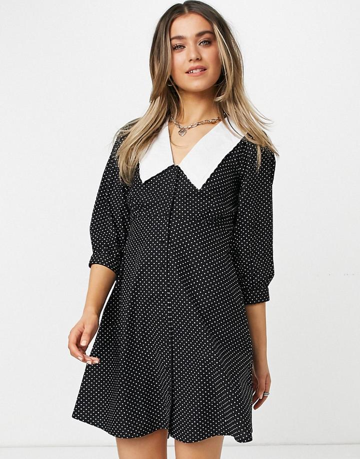 New Look Poplin Collar Button Up Mini Dress In Black Spot