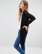 Jdy Long Black Cardigan With Lace Sleeves - Black